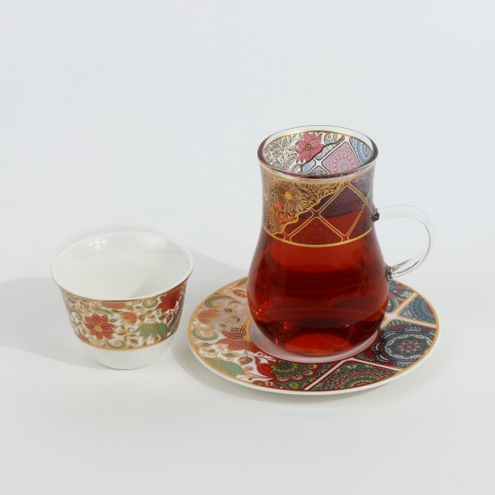 طقم شاي وقهوة - 36 قطعة - فخم بزخارف ملونه و تصميم فاخر بخطوط ذهبية - 2SS1-T01-081