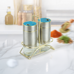 طقم علب بهارات زجاج فضي بإطار ذهبي 2 قطعة مع استاند ذهبي - 2SS28-1660