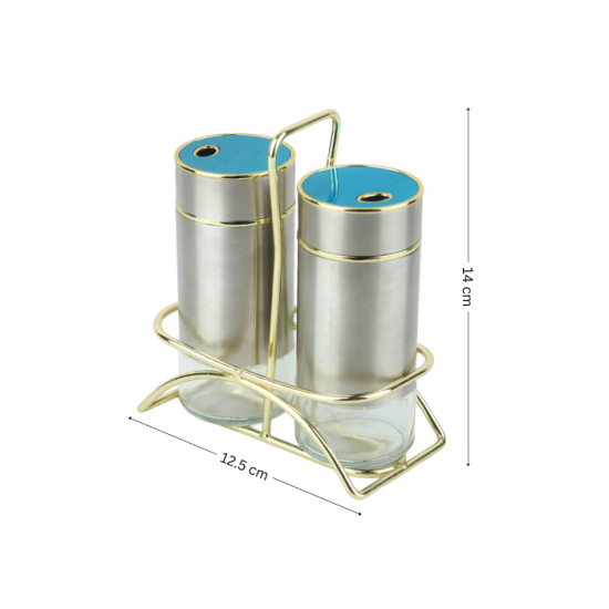 طقم علب بهارات زجاج فضي بإطار ذهبي 2 قطعة مع استاند ذهبي - 2SS28-1660 طقم علب بهارات زجاج فضي بإطار ذهبي 2 قطعة مع استاند ذهبي - 2SS28-1660