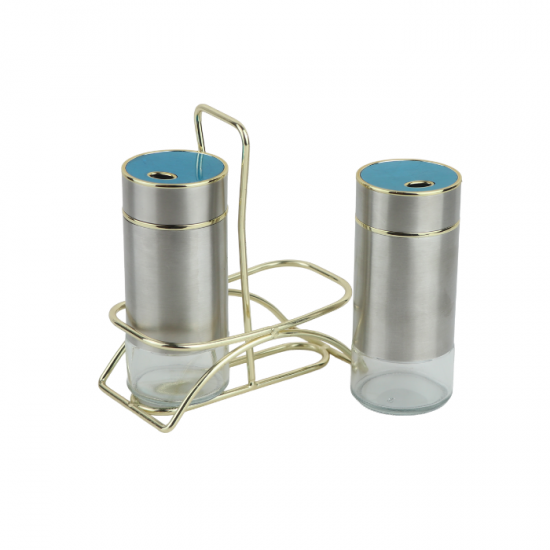طقم علب بهارات زجاج فضي بإطار ذهبي 2 قطعة مع استاند ذهبي - 2SS28-1660 طقم علب بهارات زجاج فضي بإطار ذهبي 2 قطعة مع استاند ذهبي - 2SS28-1660