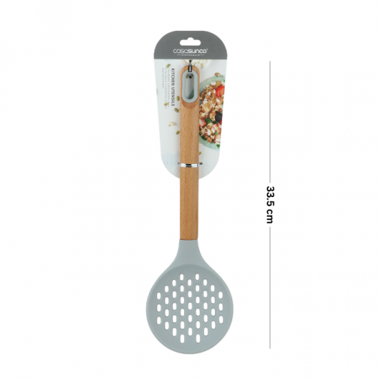 Silicone Ladle Spoon, Perforated, Wooden Handle - Light Grey Silicone Ladle Spoon, Perforated, Wooden Handle - Light Grey