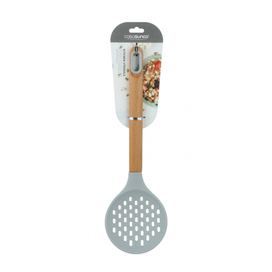 Silicone Ladle Spoon, Perforated, Wooden Handle - Light Grey Silicone Ladle Spoon, Perforated, Wooden Handle - Light Grey