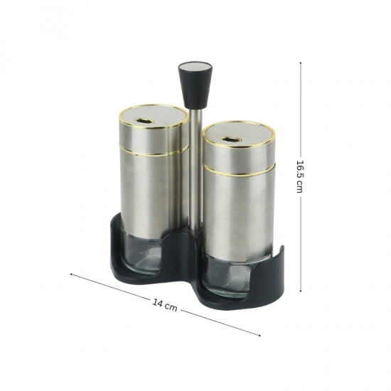 طقم علب بهارات زجاج فضي بإطار ذهبي 2 قطعة مع استاند بلاستيك أسود - 2SS29-212 طقم علب بهارات زجاج فضي بإطار ذهبي 2 قطعة مع استاند بلاستيك أسود - 2SS29-212