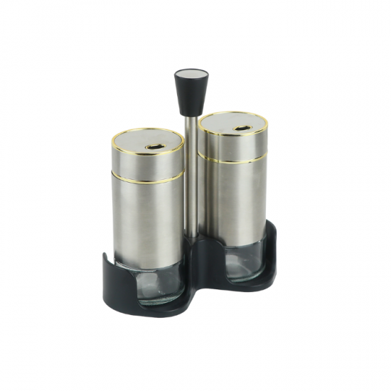 طقم علب بهارات زجاج فضي بإطار ذهبي 2 قطعة مع استاند بلاستيك أسود - 2SS29-212 طقم علب بهارات زجاج فضي بإطار ذهبي 2 قطعة مع استاند بلاستيك أسود - 2SS29-212