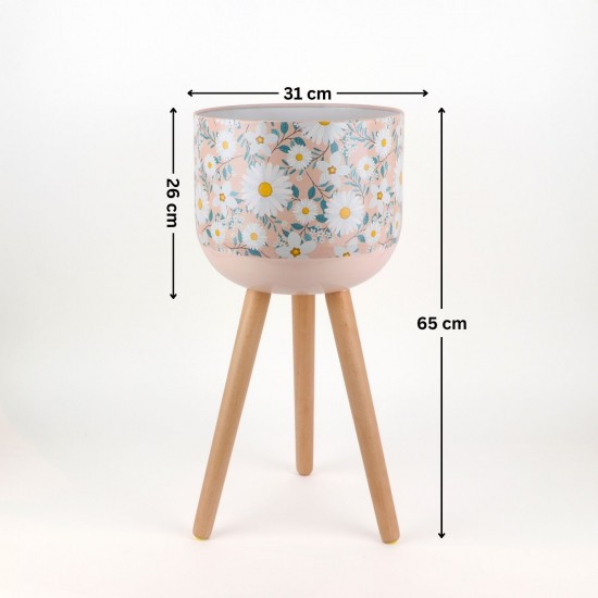 Decorative metal plant stand with a floral pattern and wooden legs - 2SS3-M04-001 Decorative metal plant stand with a floral pattern and wooden legs - 2SS3-M04-001