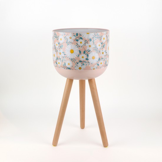 Decorative metal plant stand with a floral pattern and wooden legs - 2SS3-M04-001 Decorative metal plant stand with a floral pattern and wooden legs - 2SS3-M04-001