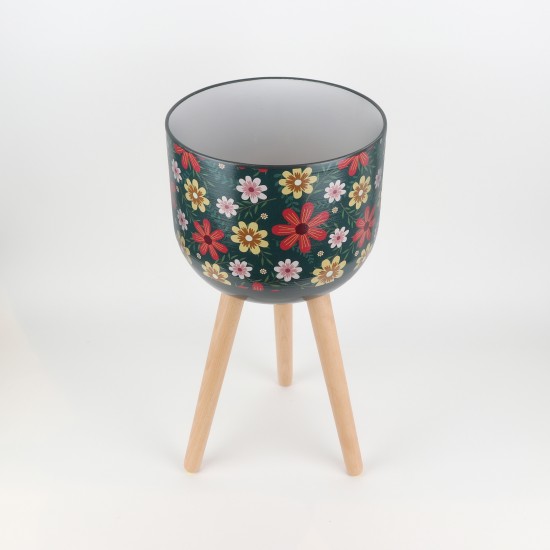 حامل نباتات معدني مزخرف بنقشة زهور مع أرجل خشبية - 2SS3-M04-002