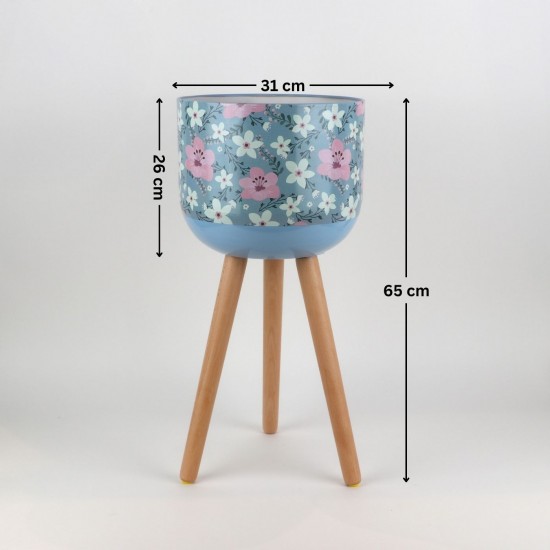 Decorative metal plant stand with a floral pattern and wooden legs - 2SS3-M04-003