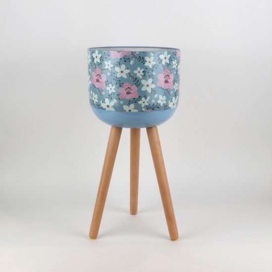 Decorative metal plant stand with a floral pattern and wooden legs - 2SS3-M04-003