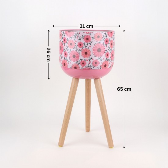 Decorative metal plant stand with a floral pattern and wooden legs - 2SS3-M04-005 Decorative metal plant stand with a floral pattern and wooden legs - 2SS3-M04-005