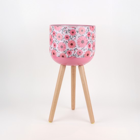 Decorative metal plant stand with a floral pattern and wooden legs - 2SS3-M04-005 Decorative metal plant stand with a floral pattern and wooden legs - 2SS3-M04-005