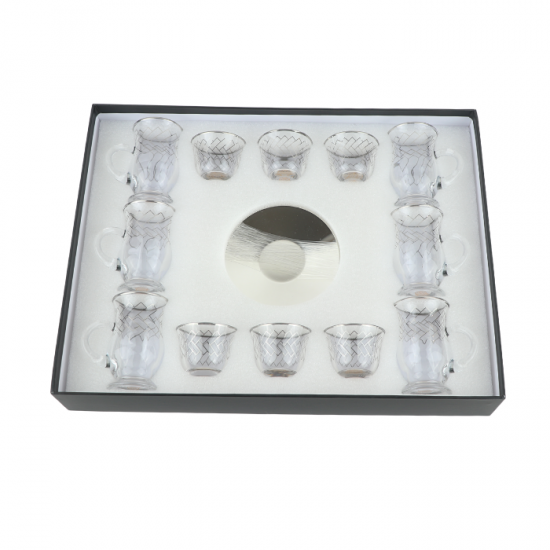 Elegant Coffee and Tea Cup Set - Transparent with Silver Pattern - 18 Pieces