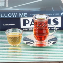 Elegant Coffee and Tea Cup Set - Transparent with Silver Pattern - 18 Pieces