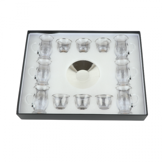 Elegant Coffee and Tea Cup Set - Transparent with Silver Pattern - 18 Pieces