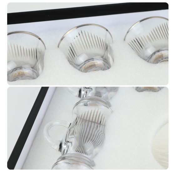 Elegant Coffee and Tea Cup Set - Transparent with Silver Pattern - 18 Pieces