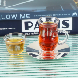 Elegant Coffee and Tea Cup Set - Transparent with Silver Pattern - 18 Pieces
