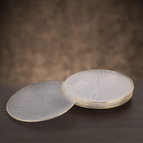 Elegant glass dessert plate set with brown wooden stand - 6 pieces - 15 cm Elegant glass dessert plate set with brown wooden stand - 6 pieces - 15 cm