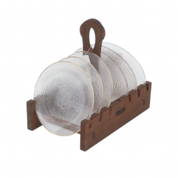 Elegant glass dessert plate set with brown wooden stand - 6 pieces - 15 cm
