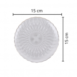A set of 6-piece glass dessert plates with metal stand/black