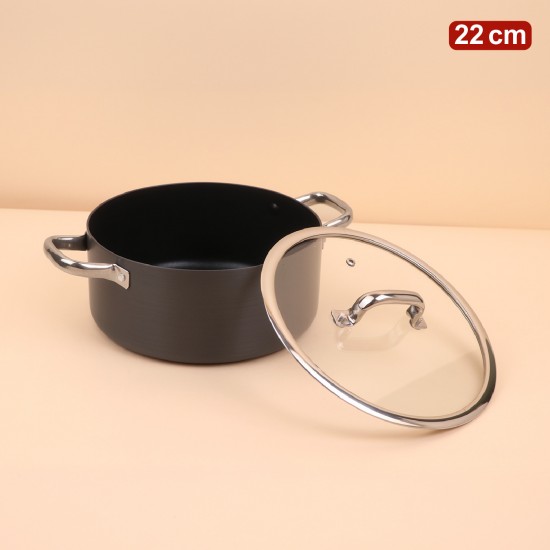 Black aluminum pot with a clear heat-resistant glass lid – Size 22 cm – 2S1A200295