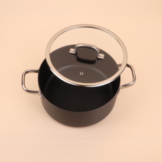 Black aluminum pot with a clear heat-resistant glass lid – Size 22 cm – 2S1A200295