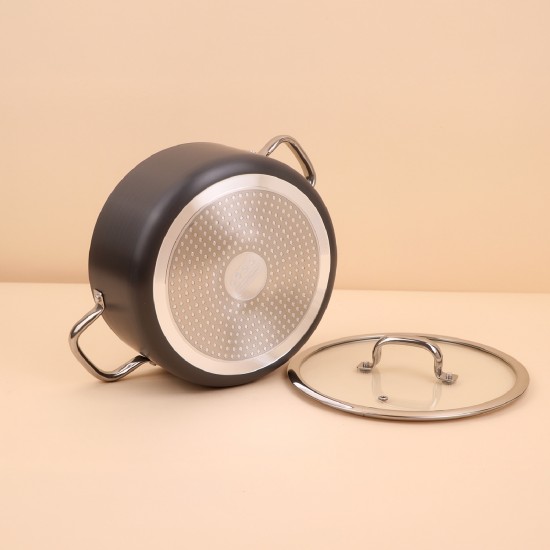 Black aluminum pot with a clear heat-resistant glass lid – Size 22 cm – 2S1A200295