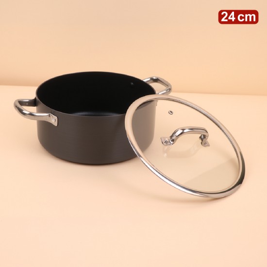 Black aluminum pot with a clear heat-resistant glass lid – Size 24 cm – 2S1A200296 Black aluminum pot with a clear heat-resistant glass lid – Size 24 cm – 2S1A200296