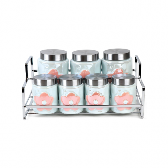A set of 7 ceramic spices boxes with a lid and a stand A set of 7 ceramic spices boxes with a lid and a stand