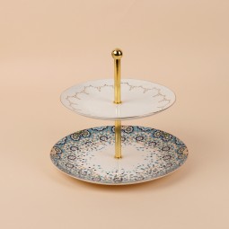 Two-tier dessert serving stand with decorative designs and a gold finish, 10 x 8 inches - 2S1F300031