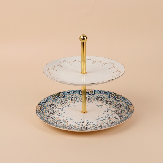 Two-tier dessert serving stand with decorative designs and a gold finish, 10 x 8 inches - 2S1F300031