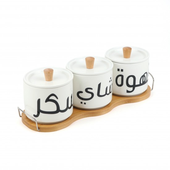 3-piece ceramic spice jar set with wooden stand