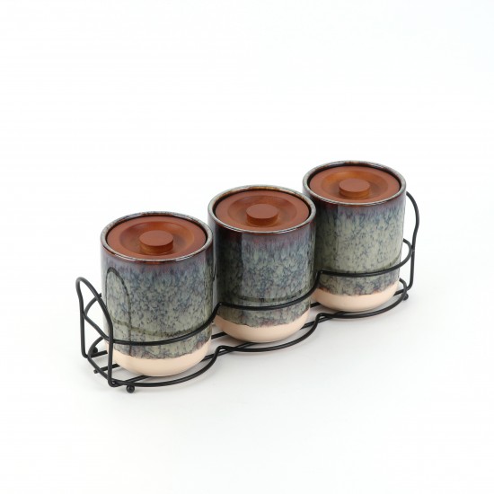 3-piece ceramic spice jar set with metal holder