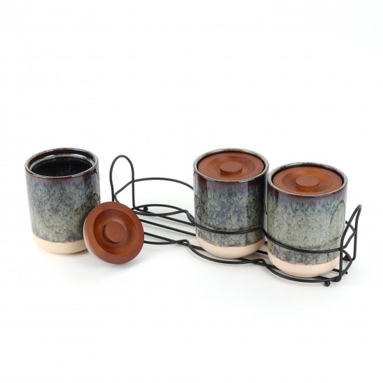 3-piece ceramic spice jar set with metal holder