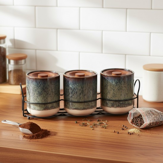 3-piece ceramic spice jar set with metal holder