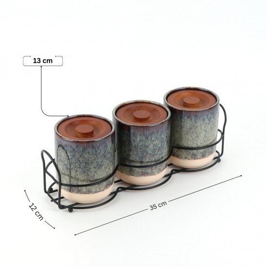 3-piece ceramic spice jar set with metal holder