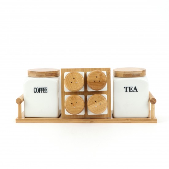 6-piece ceramic spice box set with wooden stand