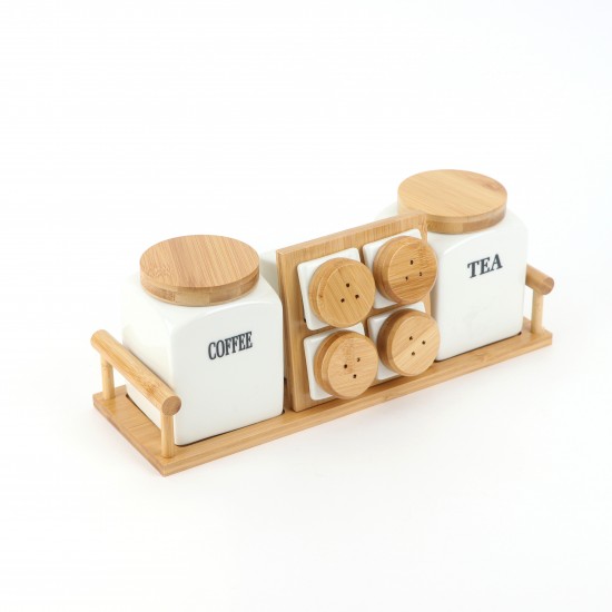 6-piece ceramic spice box set with wooden stand