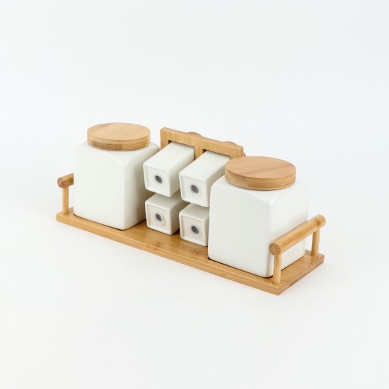 6-piece ceramic spice box set with wooden stand