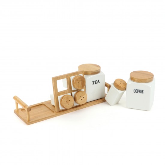 6-piece ceramic spice box set with wooden stand