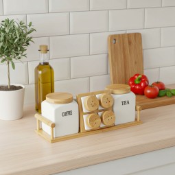 6-piece ceramic spice box set with wooden stand