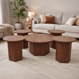 Round wooden serving table with a modern carved design - 5 pieces