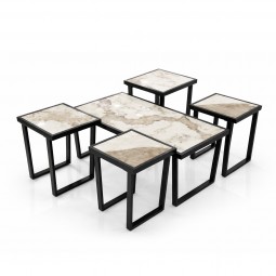 Coffee table set with ceramic top, marble pattern, and metal frame - 5 pieces Coffee table set with ceramic top, marble pattern, and metal frame - 5 pieces