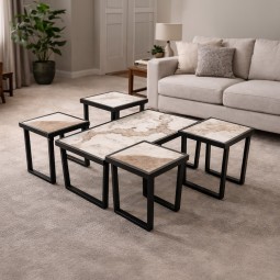 Coffee table set with ceramic top, marble pattern, and metal frame - 5 pieces
