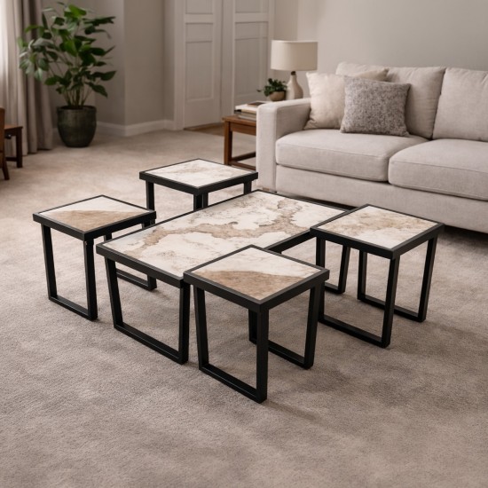Coffee table set with ceramic top, marble pattern, and metal frame - 5 pieces
