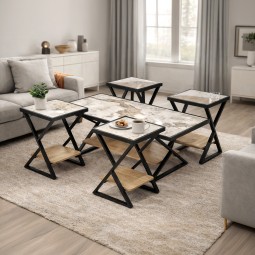 Coffee table set with ceramic top, marble pattern, and metal frame - 5 pieces Coffee table set with ceramic top, marble pattern, and metal frame - 5 pieces