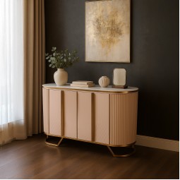 Beige Buffet Cabinet with Wooden Frame Top and Stainless Steel Base and Gold Parts - 150 cm Beige Buffet Cabinet with Wooden Frame Top and Stainless Steel Base and Gold Parts - 150 cm