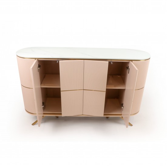 Beige Buffet Cabinet with Wooden Frame Top and Stainless Steel Base and Gold Parts - 150 cm