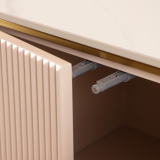 Beige Buffet Cabinet with Wooden Frame Top and Stainless Steel Base and Gold Parts - 150 cm