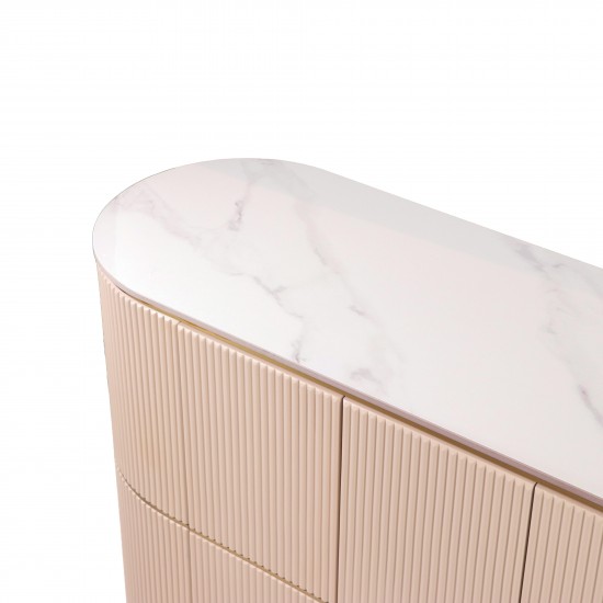 Beige Buffet Cabinet with Wooden Frame Top and Stainless Steel Base and Gold Parts - 150 cm
