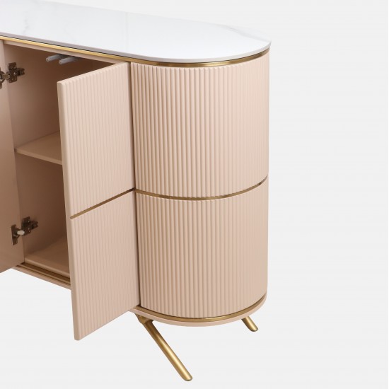 Beige Buffet Cabinet with Wooden Frame Top and Stainless Steel Base and Gold Parts - 150 cm